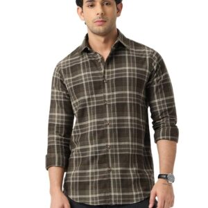 The Souled Store Plaid Shirt: Sepia Men and Boys Long Sleeve Spread Collar Brown Plaid Cotton Blend Lightweight Easy to Style Everyday Office Wear Regular Casual Shirt
